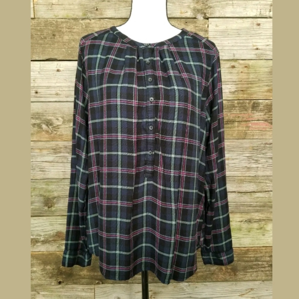 Lucky Brand Plaid Dark Blue Tunic/Blouse  XL